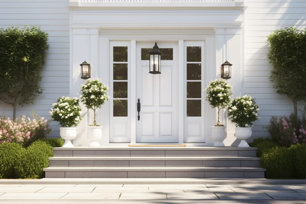 A white front entry door adorns a modern house with elegance